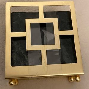 Dark green marbled ceramic coasters with gold holder. 4x4